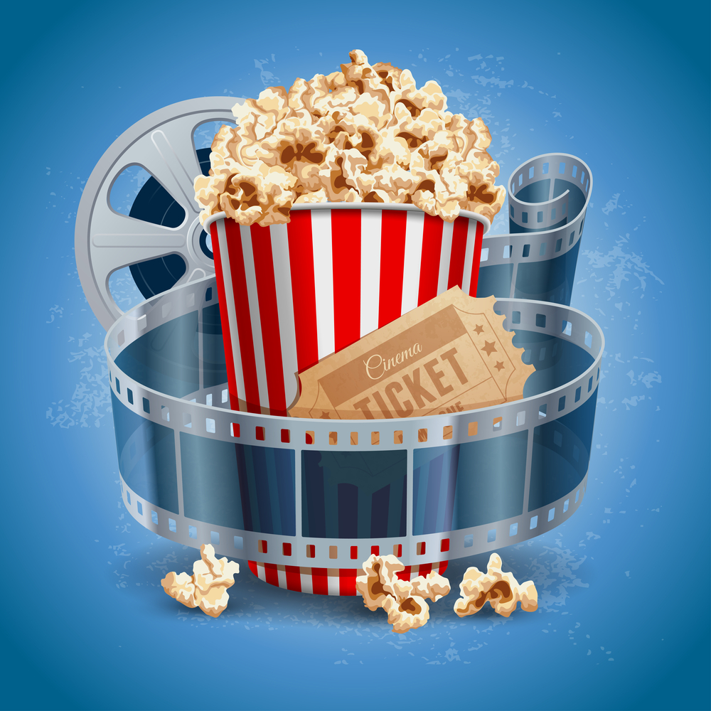 Popcorn bowl, film strip and ticket. Cinema attributes. Detailed vector illustration.